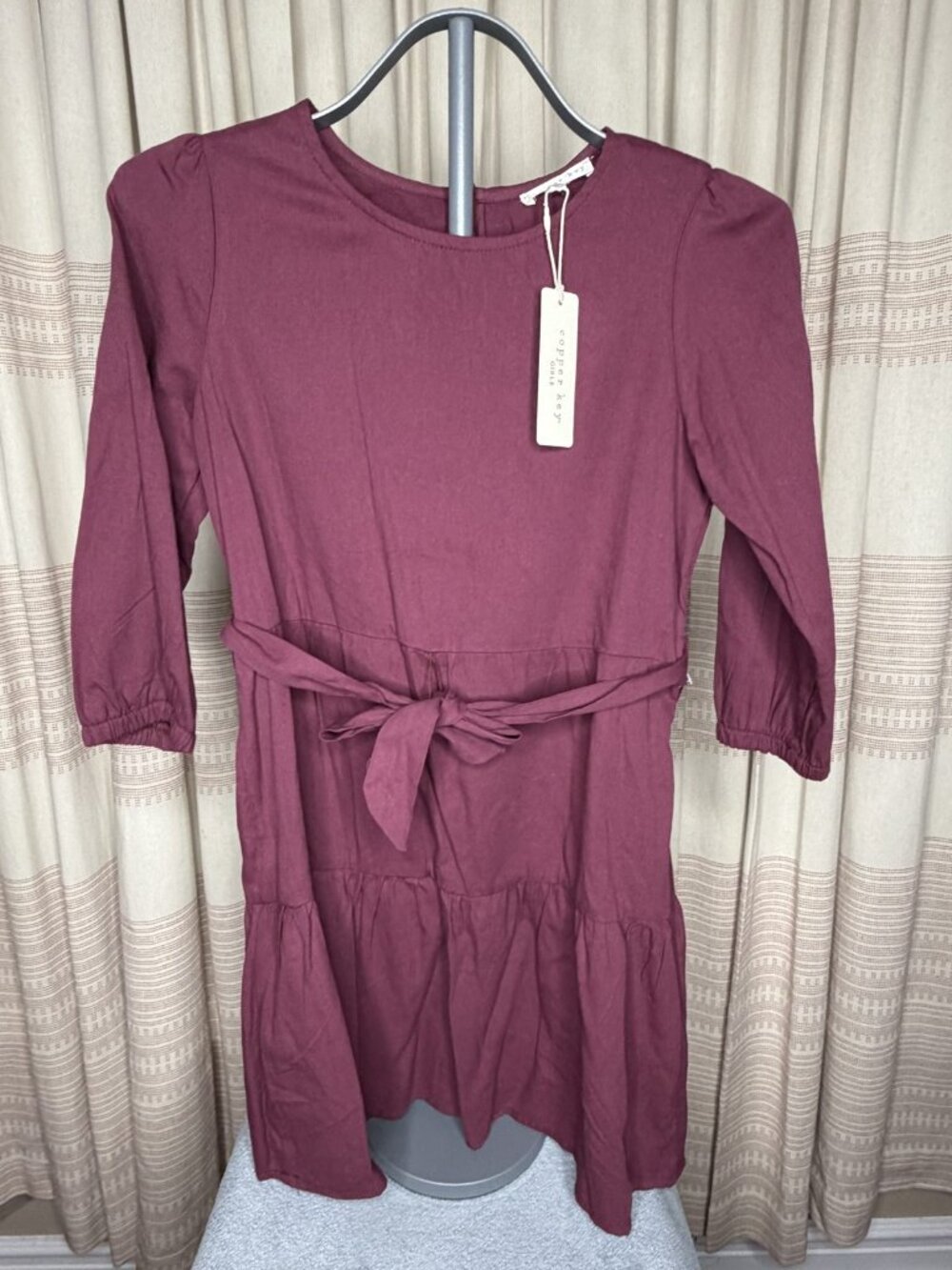 NWT Copper Key Girls L Burgundy Long Sleeve Tie Waist Dress Tiered Hem NWT